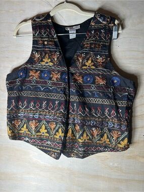 Victoria Jones Woman Black Embroidered Boho Vest with Multicolor Floral Accents
